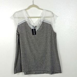 Lace Trim Top Large Gray Cap Sleeve V-neck Athleisure Women's Anyfit Wear